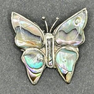 Vintage Butterfly Brooch Pin Abalone Shell Estate Alpaca Mexico 1 1/4 inch